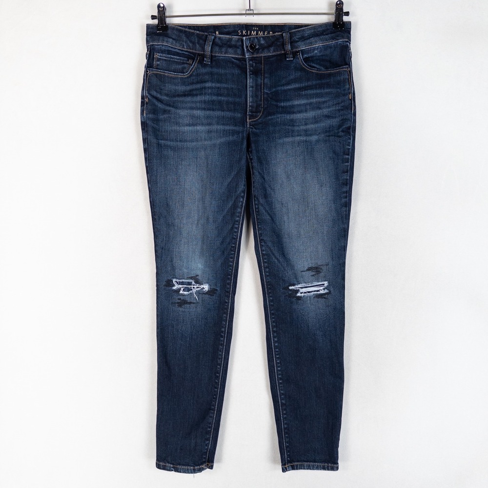 WHBM Jeans Womens 8 Blue The Skimmer Dark Wash Stretch Distressed Patched Knees